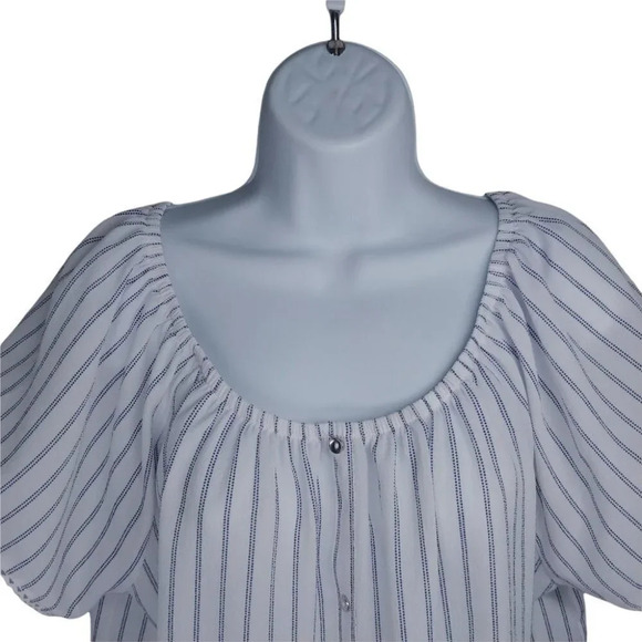 Claire France Striped Bitton Down Blouse White  Blue Silver 14 - Picture 2 of 10